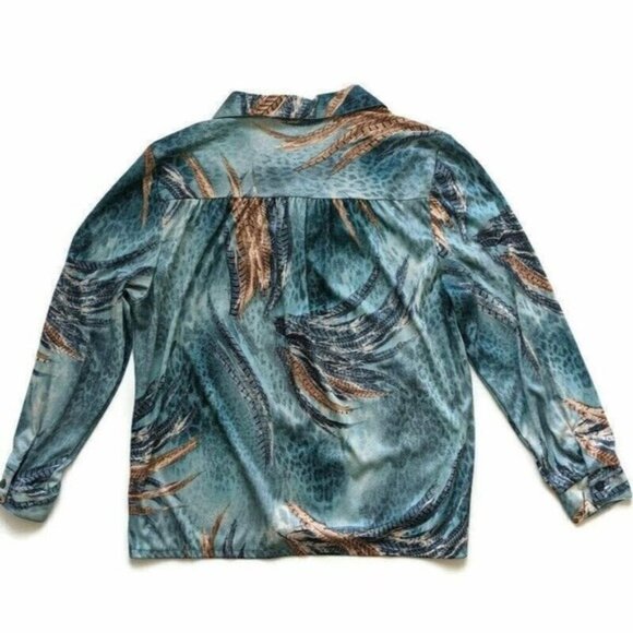 Vintage 90s Feather Print Knit Blouse MP Button Front Groovy Grandmacore - Picture 3 of 11